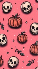 Vibrant Halloween seamless pattern with cute skulls and pumpkins on grainy pink background