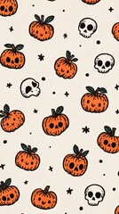 Cute Halloween seamless pattern with quirky skulls and fun pumpkins on light beige background