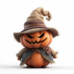 Spooky yet adorable Halloween pumpkin character wearing witch hat and rustic clothes