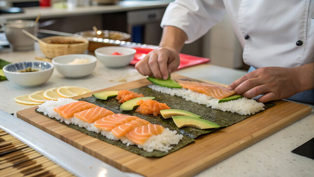 Sushi chef skillfully preparing sushi rolls with fresh salmon, avocado, and vegetables on a bamboo mat in a modern kitchen, showcasing culinary artistry and precision