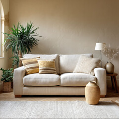 Cozy living room with beige sofa, decorative pillows, indoor plant, woven vase, soft lighting, and neutral wall