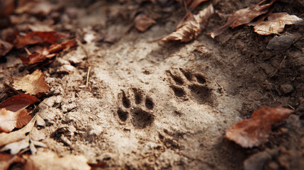 Deer footprints marking muddy woodland ground, scattered autumn leaves, soft sunlight filtering through forest canopy