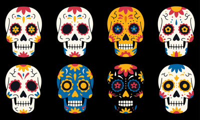 Colorful Sugar Skulls for Day of the Dead, hese traditional calaveras represent the Day of the Dead  celebration, honoring deceased loved ones with festive and artistic designs 