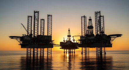 Obraz premium Silhouette of Offshore Oil Rigs Against a Golden Sunset Over the Calm Sea