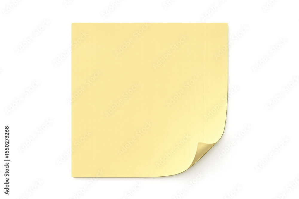 Poster crumpled yellow sticky note with folded edge, positioned on clear background, ready for personal mes