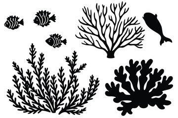 Seaweed and coral silhouettes. Underwater coral reef illustration in a hand drawn style. Illustration of marine aquarium plants.