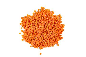 Heap of red lentils isolated on white background.