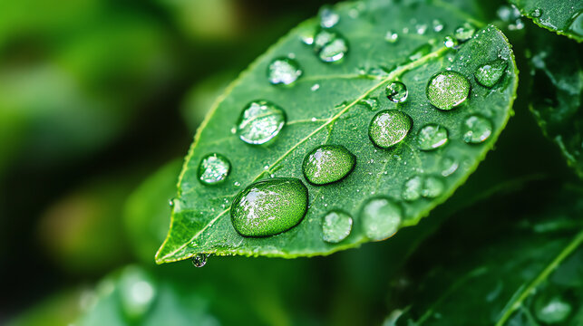 Closeup of dew drops on green leaf