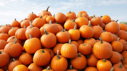 Vibrant orange pumpkins piled high at a farm market, creating a colorful autumn scene under natural light