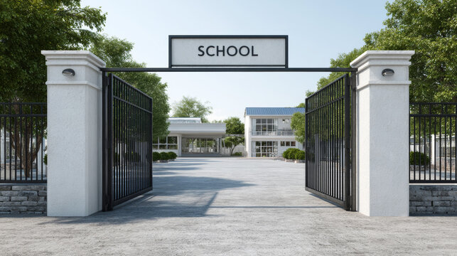 Open gate of a modern school building with courtyard and trees, symbolizing access to education and learning