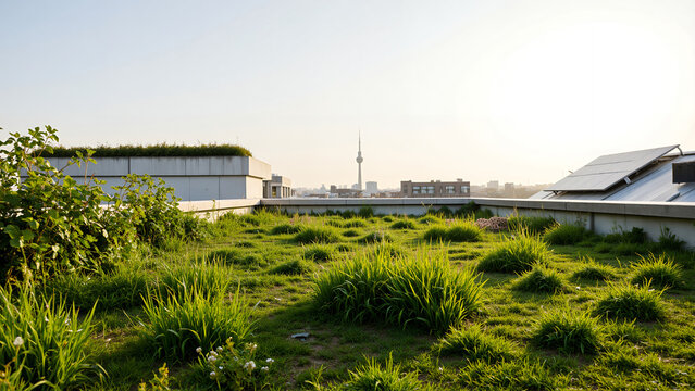 Rooftop garden with green grass and city skyline at sunset - Powered by Adobe