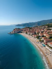 Fototapete Ligurien Sestri Levante aerial view, Liguria, Italy, Europe. Summer beach, sea  © Kyle
