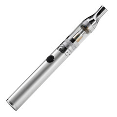 Elegant E-Cigarette in Focus: A sleek, modern e-cigarette, its polished metal and transparent components reflecting a minimalist aesthetic.