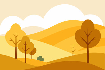 Autumn landscape vector illustration with trees and mountains under an orange sunset sky
