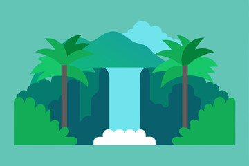 Serene Waterfall Paradise Lush Tropical Landscape with Palm Trees