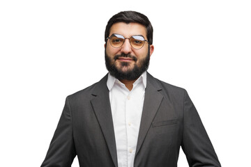 Embracing morning in corporate gray attire a bearded professional exudes charm wearing spectacles...