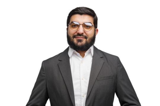 Embracing morning in corporate gray attire a bearded professional exudes charm wearing spectacles against a radiant white background, ready for success
