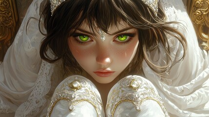 Beautiful woman with striking green eyes and a jeweled headpiece stares intently, appearing adorned in a white bridal gown and ornate surroundings