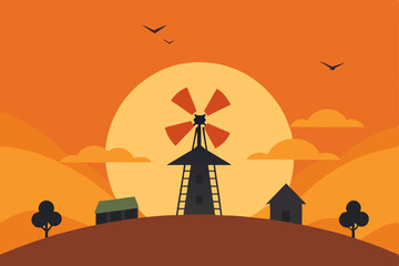 Sunset Landscape with Windmill Rural Scene Illustration