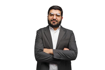 A man in a grey suit strikes a poised pose, crossing his arms against a stark white backdrop,...