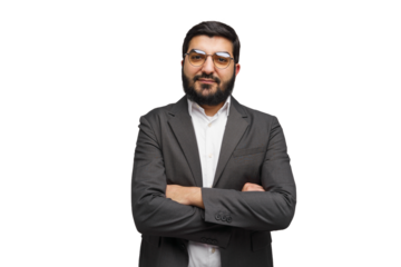 A man in a grey suit strikes a poised pose, crossing his arms against a stark white backdrop, embodying sheer self-assurance