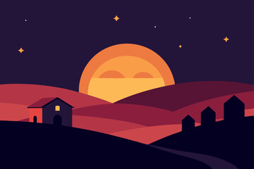 Obraz premium Moon and stars in a night sky landscape with houses and a church silhouette, a perfect Christmas illustration for a village