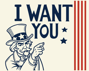 Vintage Uncle Sam I Want You Poster, Retro American Recruitment Graphic