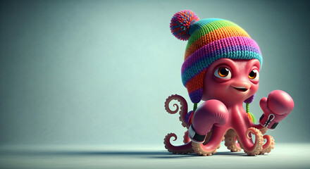 Fototapeta premium Pink cartoon octopus wearing a colorful knitted hat and pink boxing gloves, against a light-blue background, showcasing a playful and cheerful character, suitable for children's content or branding