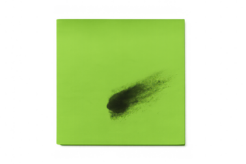 Black powder exploding on a vibrant green sticky note, creating a dynamic visual with a transparent background