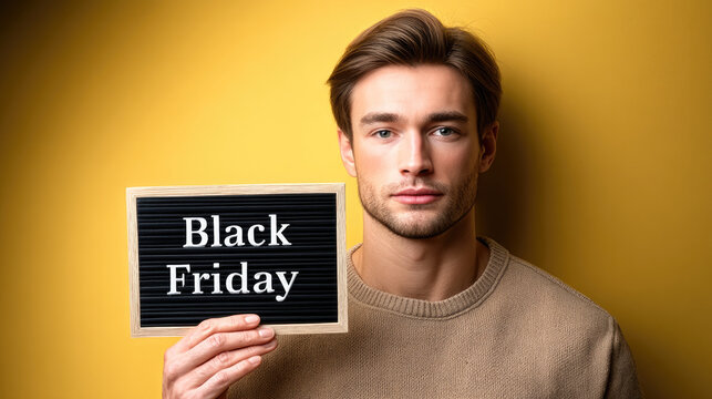 Black Friday sale shopping man holding sign, casual fashion, yellow background, confident expression - Powered by Adobe