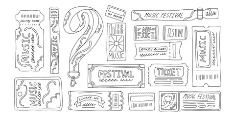 Set of outline music tickets and gig, hand drawn concert ticket, event pass illustrations, sketch style elements for live music flyers, posters, stickers, scrapbooking, and merch design