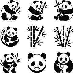 Cute Panda Silhouette Icons – Bamboo Eating Bear Vector Set Panda Eating Bamboo Icon Silhouette Set – Wild Animal Vector Design