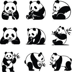 Cute Panda Silhouette Icons – Bamboo Eating Bear Vector Set Panda Eating Bamboo Icon Silhouette Set – Wild Animal Vector Design