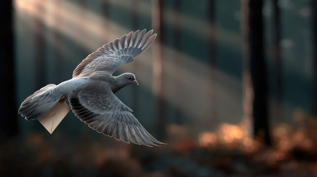 Messenger dove flying through sunlit forest carrying letter, soft light, peaceful mood, nature, communication