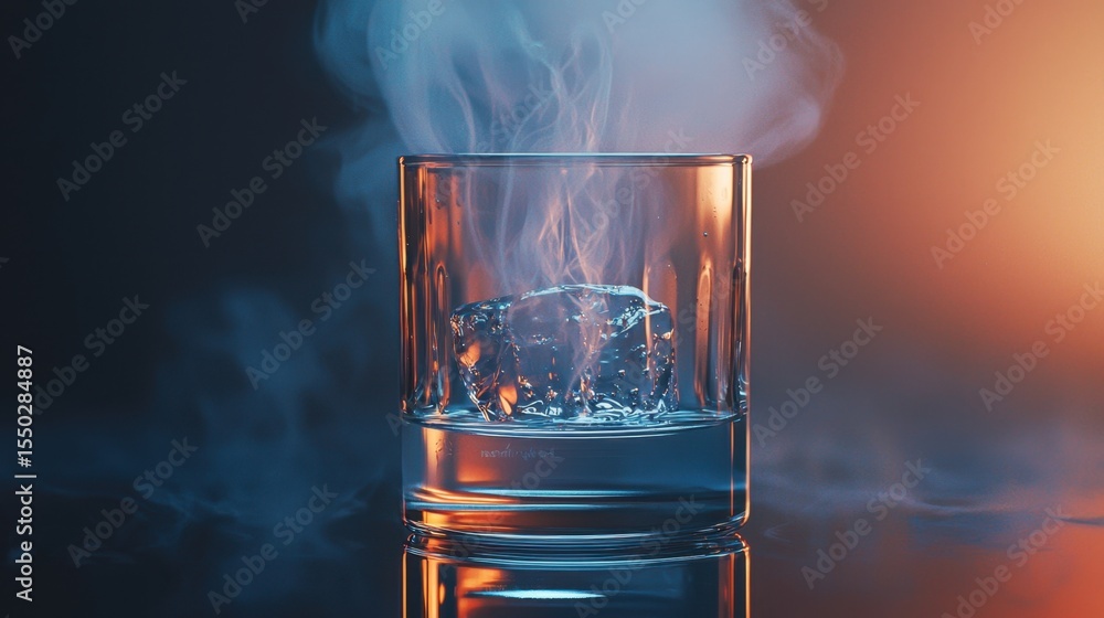 Poster smoke rises from a glass filled with ice and water, creating an intriguing visual effect