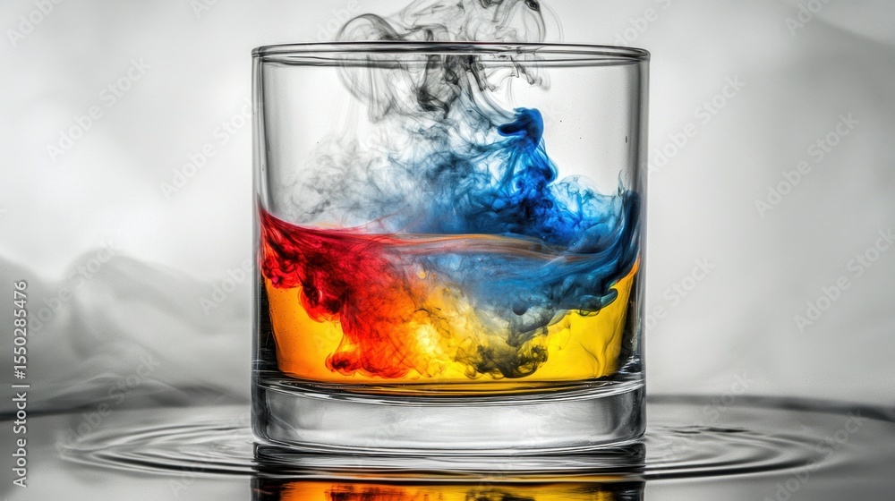 Poster colorful dyes swirl gracefully in a glass container creating a mesmerizing visual spectacle
