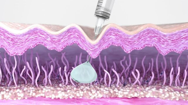 Skin collagen tissue regeneration after Biorevitalization or Platelet-rich plasma therapy. 3d animation shows the activation of the fibroblasts after anti-aging wrinkle smoothing injection