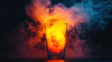Colorful vapor emanating from a glass filled with liquid in a dark setting, creating a dramatic visual effect with smoke