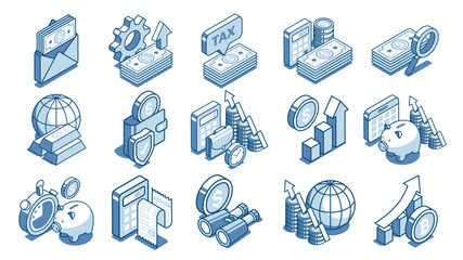 isometric vector set of linear icons on the theme of finance, in color on a white background, money and wallet with calculator and piggy bank with  calendar