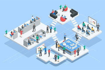 isometric vector business people in office performing different tasks, in color on blue background, teamwork or big business project