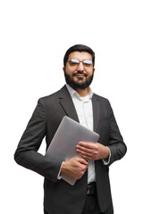 In the business world, successful entrepreneur holds his laptop and looks ahead with optimism on a clean white background