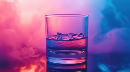 Colorful glass with ice and liquid sits on a surface illuminated by vibrant pink and blue background lighting