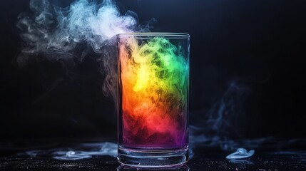 Colorful swirling drink creates a mesmerizing effect with vibrant hues and misty elements against a dark background