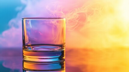 Colorful glass tumbler on a reflective surface with smoke and vibrant gradients in the background