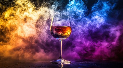 Colorful swirling smoke surrounds a glass of wine creating an artistic display of vibrant hues