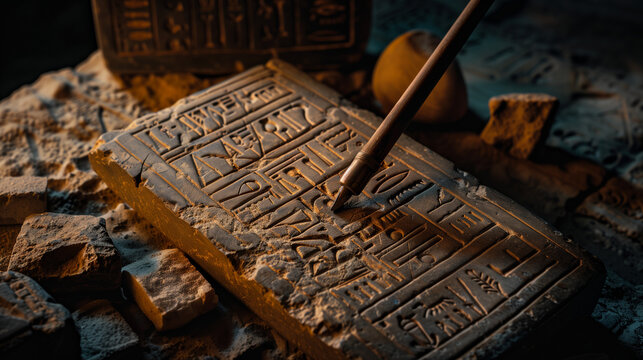 Ancient stone tablet with hieroglyphics and carving tool on surface   - Powered by Adobe