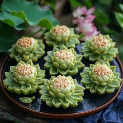 Lotus-Shaped Pastries: A captivating display of delicate, lotus-shaped pastries, each artfully crafted and arranged with precision, is a feast for both the eyes and the palate.
