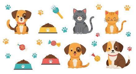 Obraz premium Cute Pets Vector Illustration – Cats and Dogs on White Background