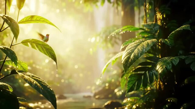 Lush tropical rainforest with sunlight piercing through dense green foliage and a hummingbird in mid-hover, capturing natural serenity, biodiversity, and untouched wilderness.