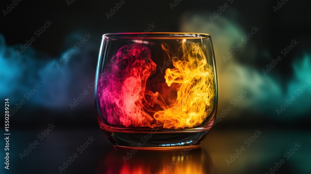Poster colorful smoke swirls inside a glass creating a vibrant and artistic display in a dark setting